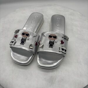 Karl Lagerfeld Silver Slide Sandals with Cartoon Design Size 6.5